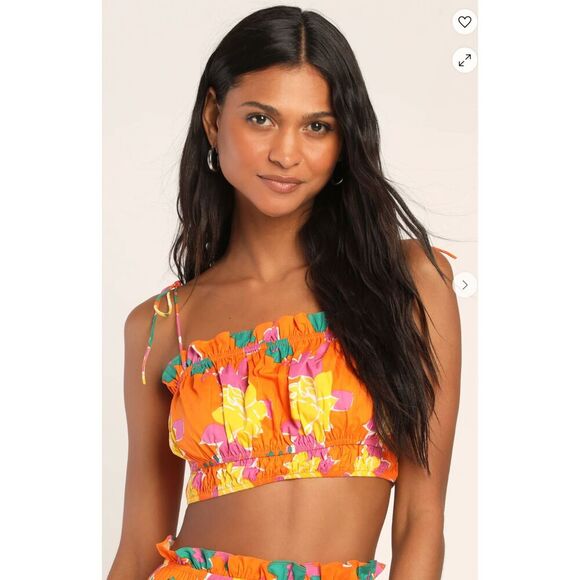 Tops - Paradise Orange Tropical Print Tie-Strap Crop Top Size XS NWT!